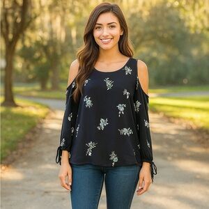 Sienna Sky floral semi sheer cold shoulder blouse
